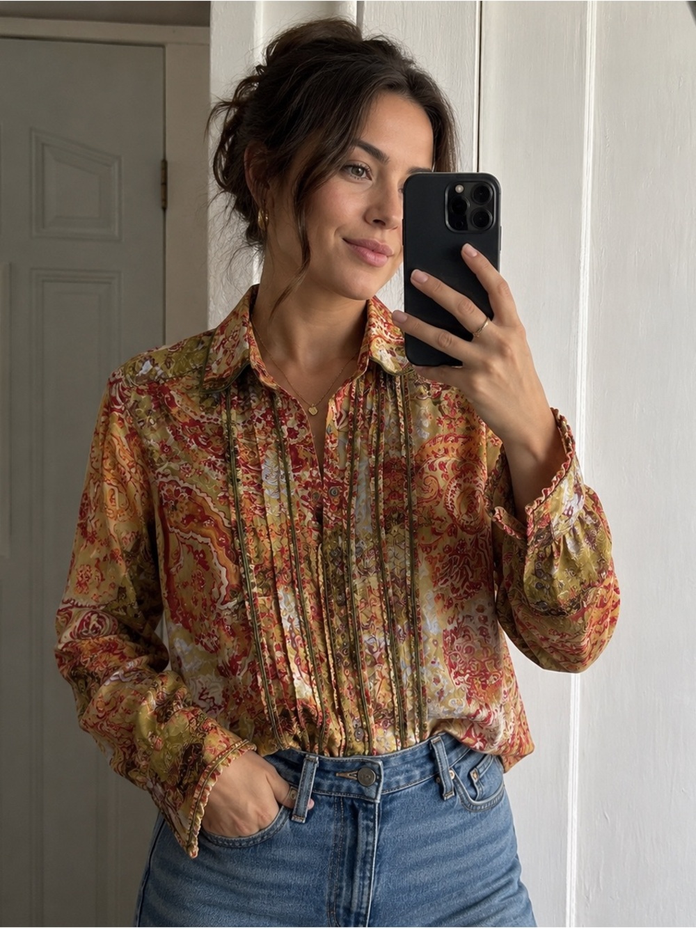 Paisley Pintuck Button-Down Shirt - Olive Multi